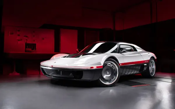 Silver Bertone Runabout concept car with red accents in a dark studio — 4K Ultra HD PC desktop wallpaper/background.