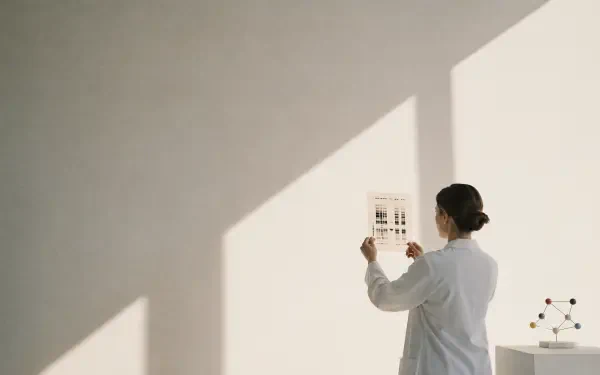 4K Ultra HD desktop wallpaper of a geneticist in a lab coat examining a DNA microarray against a sunlit white wall, a molecular model resting on a nearby table.