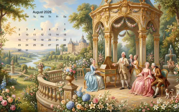 August 2026 calendar on 5K Ultra HD PC desktop wallpaper: rococo garden scene with musicians and ladies at an ornate pavilion, floral terrace and distant castle.