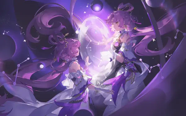 5K Ultra HD PC wallpaper of Fu Xuan (Honkai: Star Rail): a purple anime video game girl surrounded by swirling stars, energy orbs and mirrored light in a cosmic, ethereal scene.