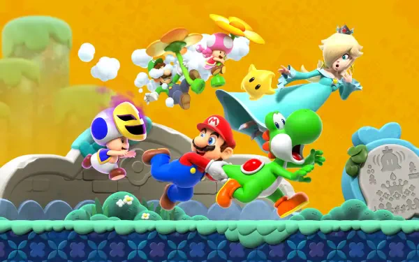 Super Mario Bros. Wonder 2K Quad HD PC Desktop Wallpaper and Background: Mario, green Yoshi, Rosalina, Toadette and star companions dashing across a bright, whimsical platform landscape.