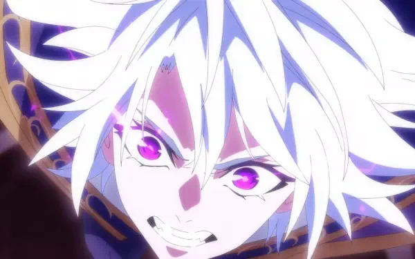 Close-up of Will Serfort from Wistoria: Wand and Sword — white-haired anime character with glowing magenta eyes and fierce expression, HD PC desktop wallpaper/background.