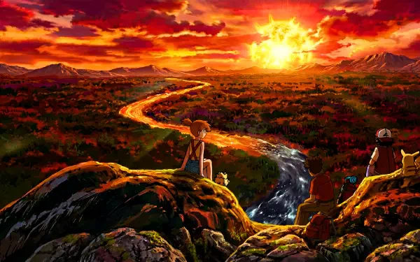 Pokémon anime 5K Ultra HD PC wallpaper: Ash Ketchum, Misty and Brock sit on rocky cliffs watching a fiery sunset over a winding river and vast countryside.