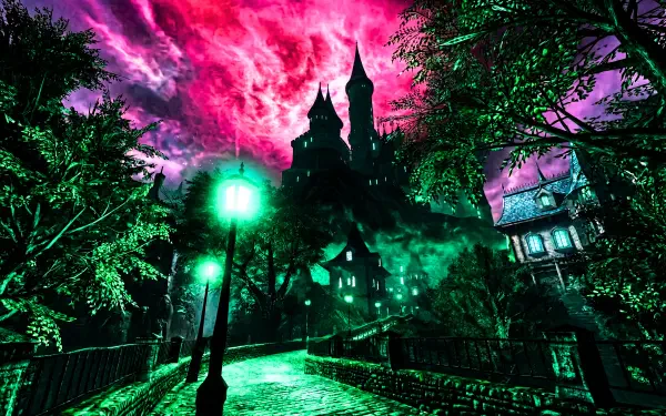 PS2core dreamcore liminal scene: eerie haunted castle silhouette under magenta sky, green-lit bridge and foggy trees — 5K Ultra HD PC desktop wallpaper/background.