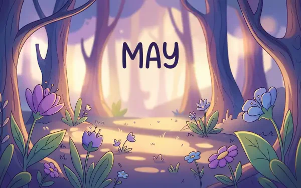 Whimsical May forest illustration with blooming wildflowers and a sunlit path, rendered as a 5K Ultra HD PC desktop wallpaper.