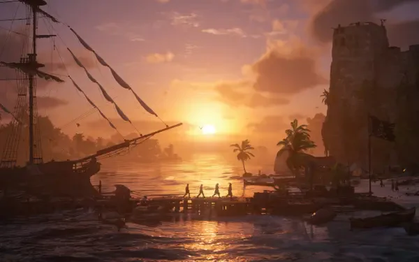 Assassin's Creed Black Flag Resynced 4K UHD wallpaper: pirate islands at sunset, silhouetted ship, dock and palm trees.