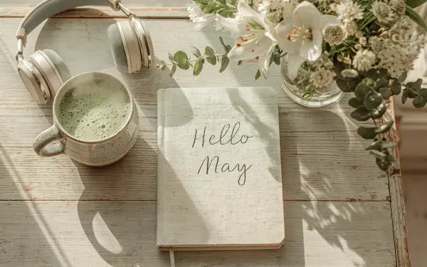Cozy white aesthetic 2K Quad HD PC desktop wallpaper — sunlit wooden table with a Hello May notebook, matcha cup, headphones, and a vase of white flowers.