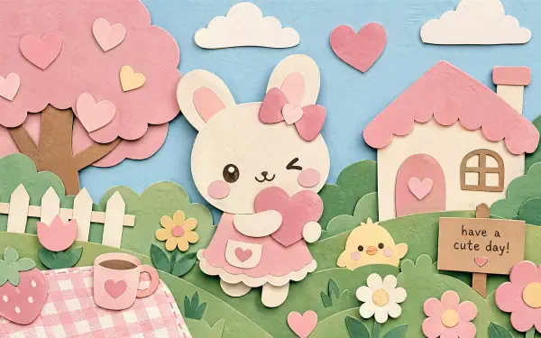 Cutecore 4K Ultra HD PC desktop wallpaper and background: pastel paper-cut scene of a winking bunny in a pink dress holding a heart amid a cottage, blossoms, picnic and floating hearts.