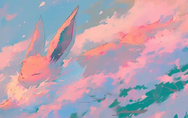 Pastel anime aesthetic 2K Quad HD PC wallpaper of Eevee (Pokémon) drifting peacefully through pink and teal clouds — soft, dreamy Pokemon desktop background.