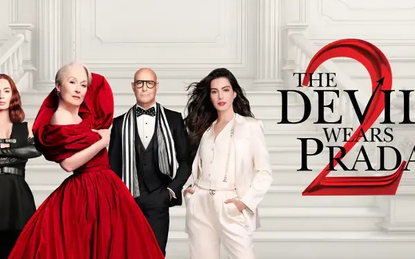 4K Ultra HD PC desktop wallpaper for The Devil Wears Prada 2: four stylishly dressed lead cast members pose against a white, elegant backdrop beside the film logo.