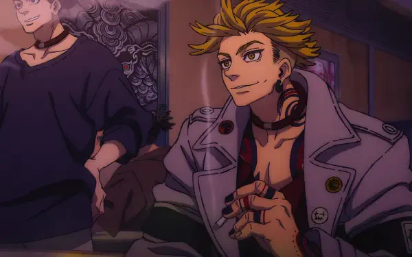 4K Ultra HD PC desktop wallpaper of Enjin (Gachiakuta): a confident blond, spiky-haired anime boy in a trench coat with headphones, holding a lit cigarette.