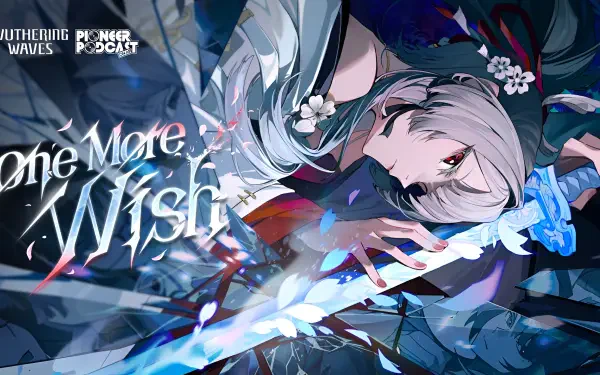 Hiyuki (Wuthering Waves) poised with a glowing blue sword among petals and dark-blue swirls — video game 2K Quad HD PC desktop wallpaper/background