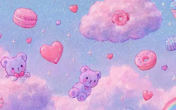 Cutecore pastel y2k whimsical 2K Quad HD PC desktop wallpaper of sparkly sky with pink clouds, floating teddy bears, hearts, donuts and macarons.