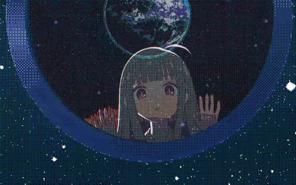 Retro anime Cosmic Princess Kaguya peers through a spaceship porthole at Earth and a starfield — 2K Quad HD PC desktop wallpaper/background.