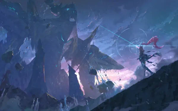 HD PC desktop wallpaper/background from the video game Wuthering Waves: Aemeath looms amid shattered spires as a lone warrior clashes in an epic fantasy boss battle.