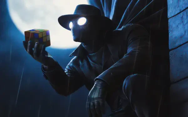 4K Ultra HD PC desktop wallpaper from the Spider-Man Noir (2026) TV show: trench-coated, fedora-clad noir Spider-Man with glowing eyes holding a Rubik's Cube under a full moon.