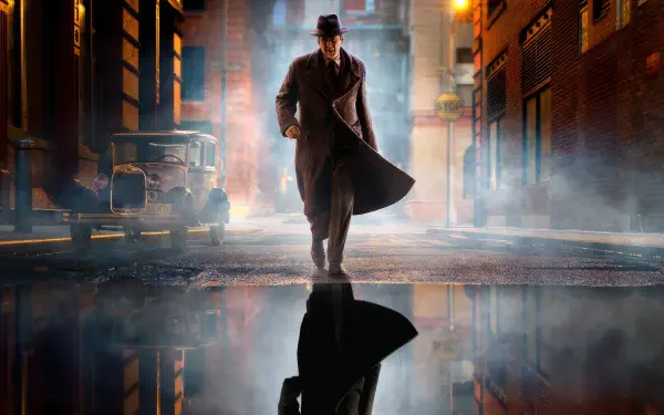 4K Ultra HD PC wallpaper for Spider-Man Noir (2026) TV show: trench-coated, fedora-clad Spider-Man strides through foggy, rain-slick neon streets, his dark reflection mirrored in a puddle.