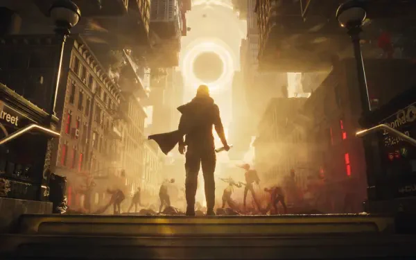 Control Resonant video game 4K Ultra HD PC desktop wallpaper: lone figure with a weapon faces a glowing circular portal above a ruined city as zombies converge.
