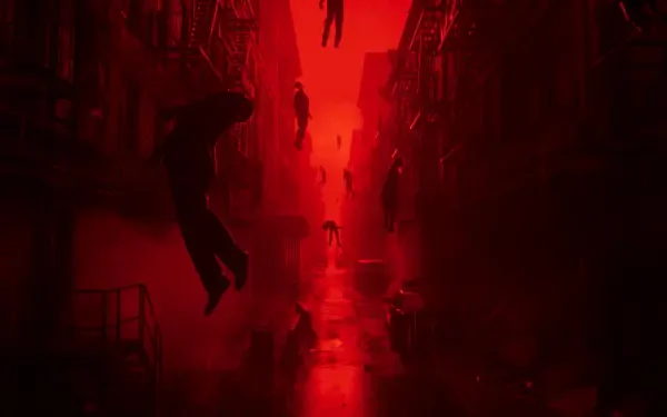 4K Ultra HD PC desktop wallpaper from Control Resonant: red horror scene with shadowy figures levitating through a narrow, eerie city alley.