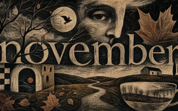 4K Ultra HD PC desktop wallpaper November: sepia collage with a moonlit face, crow in flight, falling leaves, winding country road, small village and a steaming teacup.
