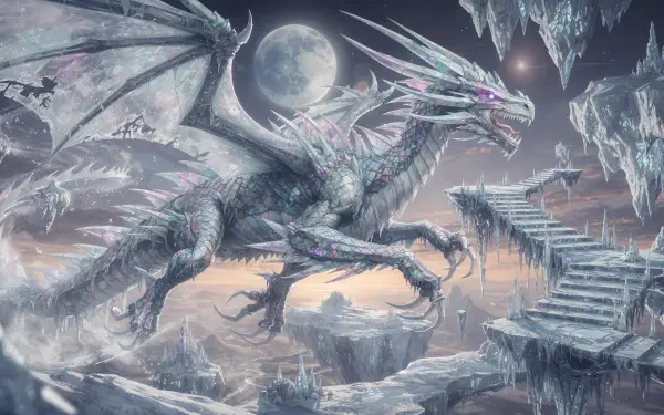 4K Ultra HD PC desktop wallpaper of a majestic ice dragon perched on crystalline cliffs under a full moon, icy wings spread and frosted breath curling across a frozen, moonlit landscape.