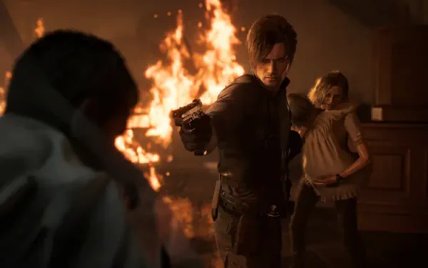 5K Ultra HD PC wallpaper of Resident Evil Requiem: Leon S. Kennedy aims a pistol at an offscreen threat while Grace Ashcroft protects Emily (Resident Evil) with flames blazing behind — Capcom.