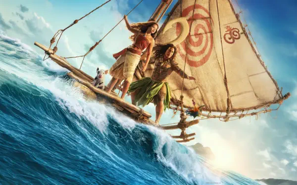 Live-action Moana 5K Ultra HD PC desktop wallpaper: two voyagers on a traditional outrigger with a spiral sail riding a towering blue wave toward the sun.