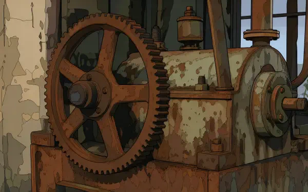 Rusty machinery: close-up of corroded gears and motor housing with flaking paint and warm patina; 4K Ultra HD PC desktop wallpaper and background.