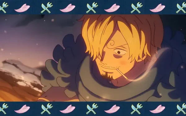 Anime, One Piece — Sanji close-up with cigarette and fur-lined coat, lit by campfire glow. 4K Ultra HD PC Desktop Wallpaper and Background.