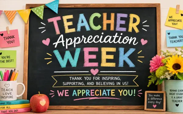 4K Ultra HD PC desktop wallpaper and background: colorful Teacher Appreciation Week chalkboard design with flowers, apple, sticky notes and We Appreciate You message.