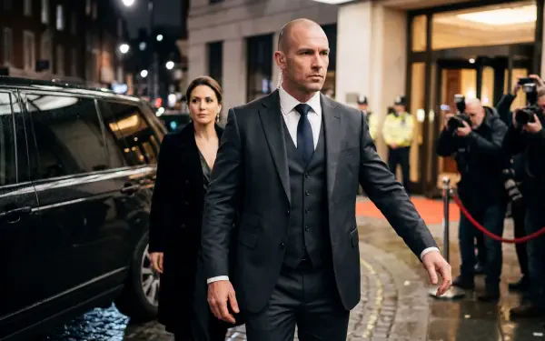 5K Ultra HD PC desktop wallpaper: stern bodyguard in a tailored dark suit escorts a woman past flashing cameras on a wet city sidewalk at night.