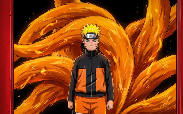 Naruto stands before Kurama’s blazing nine tails, vibrant orange chakra swirling — 2K Quad HD anime PC desktop wallpaper.