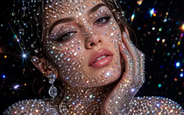 Bedazzled woman portrait with crystals covering her face and hand, glittering against a dark bokeh backdrop — 4K Ultra HD PC desktop wallpaper and background.