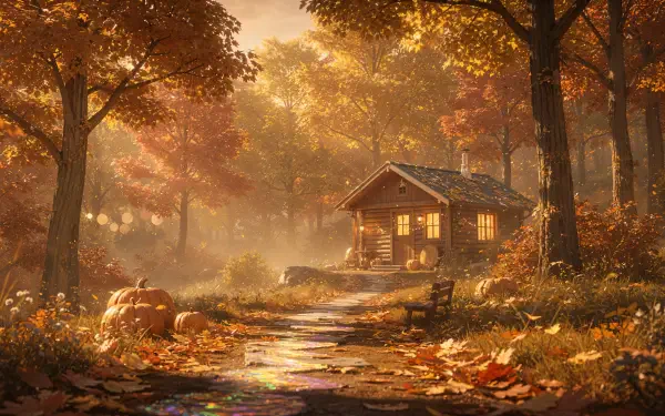 Cozy autumn 4K Ultra HD PC desktop wallpaper and background: sunlit forest path to a glowing cabin, pumpkins and golden fallen leaves.