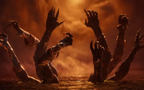 4K Ultra HD PC desktop wallpaper of Saros video game: twisted, clawed hands rising from molten water toward a stormy orange sky.