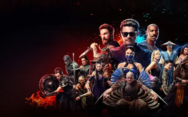 Mortal Kombat 2 (2026) 4K Ultra HD PC desktop wallpaper: collage of fighters in dramatic poses, fiery and icy effects and weapons against a dark, smoky background.