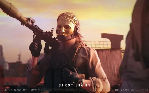 007 First Light video game 4K Ultra HD PC desktop wallpaper and background: masked operative in tactical gear holds a rifle on a rooftop at sunrise, warm sky and city silhouette.