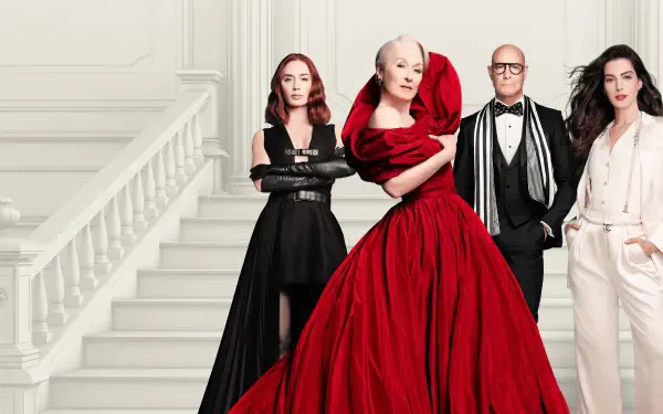 4K Ultra HD PC desktop wallpaper/background for the movie The Devil Wears Prada 2: four stylish characters on a white staircase, central figure in a sweeping red gown, others in black and white ensembles.