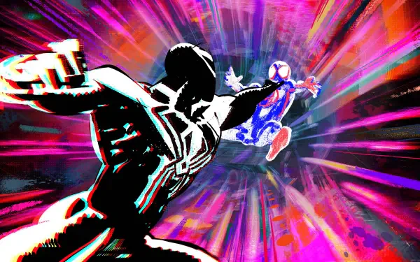 4K Ultra HD PC desktop wallpaper from the movie Spider-Man: Beyond the Spider-Verse — two stylized Spider-Men reach toward each other amid explosive neon radial streaks.