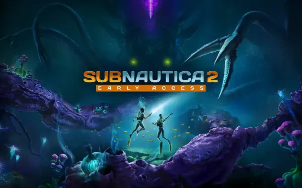 HD PC desktop wallpaper for video game Subnautica 2: two divers in a bioluminescent alien seascape beneath a glowing purple rift, with the SUBNAUTICA 2 EARLY ACCESS logo.