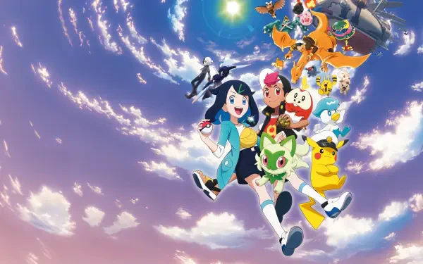 4K Ultra HD PC desktop wallpaper and background from Pokémon Horizons: The Series, featuring the main trainers and Pokémon, including Pikachu, soaring through a bright swirling sky.