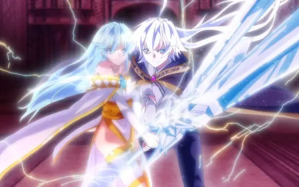 Anime HD PC wallpaper — Wistoria: Wand and Sword featuring Will Serfort wielding a glowing crystalline sword amid lightning, Elfaria Alvis Serholt close behind with flowing hair and cloak.