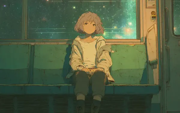 Anime girl with short pink hair sits alone on a worn subway bench beneath green-tinted city lights — 2K Quad HD PC desktop wallpaper and background.
