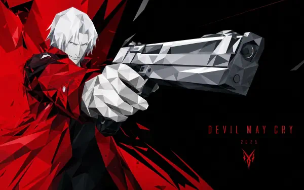 Stylized 4K Ultra HD PC desktop wallpaper of Devil May Cry (2025): white‑haired antihero in a red coat aiming a faceted chrome pistol against a black and red geometric background.