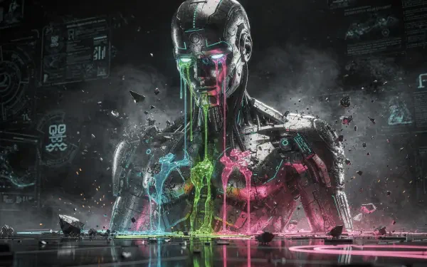 HD sci‑fi PC desktop wallpaper: a broken humanoid robot in a dark tech lab, neon green and pink fluids streaming from its eyes and chest, evoking a deep, lonely sadness.