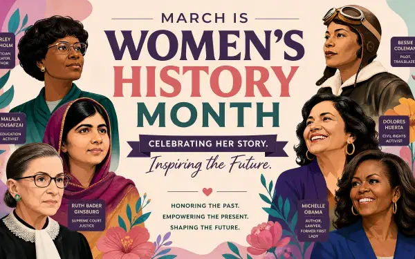 4K Ultra HD PC desktop wallpaper: colorful collage of diverse women’s portraits with text March is Women's History Month and floral accents, Celebrating Her Story — Inspiring the Future banner.