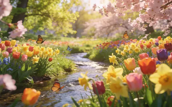 4K Ultra HD PC desktop wallpaper: colorful spring scene with tulips, daffodils and cherry blossoms along a sunlit stream, butterflies drifting over a vibrant meadow.