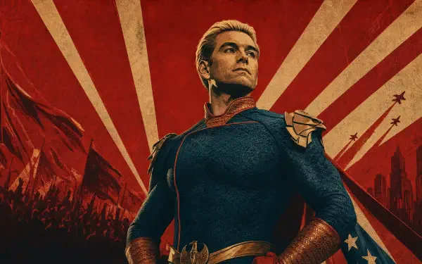 Homelander (The Boys) in a proud, heroic pose before a red sunburst and waving flags — 4K Ultra HD PC desktop wallpaper/background.