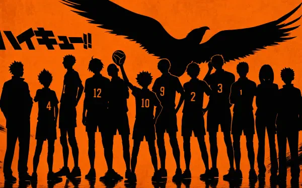 Haikyū!! 4K Ultra HD PC desktop wallpaper: black silhouettes of the Karasuno volleyball team lined up against an orange background with a large crow soaring overhead.