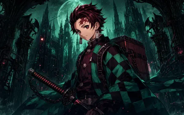 Tanjiro Kamado stands with his sword beneath a full moon over a dark, gothic city; 4K Ultra HD PC desktop wallpaper background.